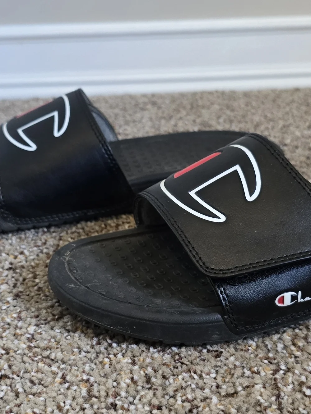 Champion Black Slide Sandals with Red Logo Accent